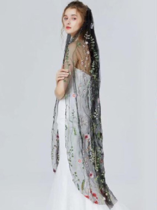Black Floral Embroidered Wedding Veil with Wildflower Design, Bridal Veil, Flora main image 4